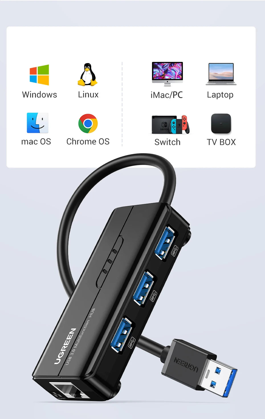 USB 3.0 1000Mbps Ethernet Adapter – RJ45 LAN Network Hub