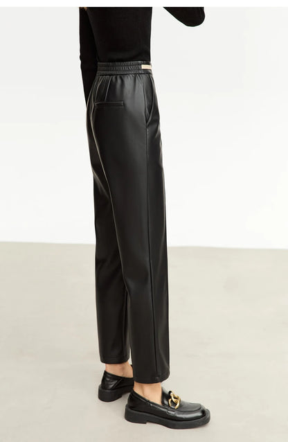Women’s PU Leather Casual Pants – Loose Straight Floor-Length Trousers