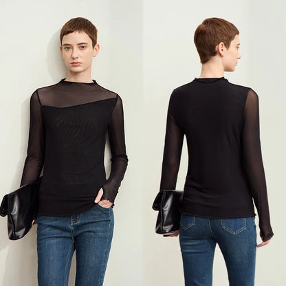Women’s Mesh Half-High Neck Slim T-Shirt – Retro Office Spring Top