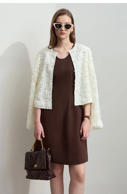 Women’s Elegant Short Jacket – Romantic Flower O-Neck Hook Button Coat