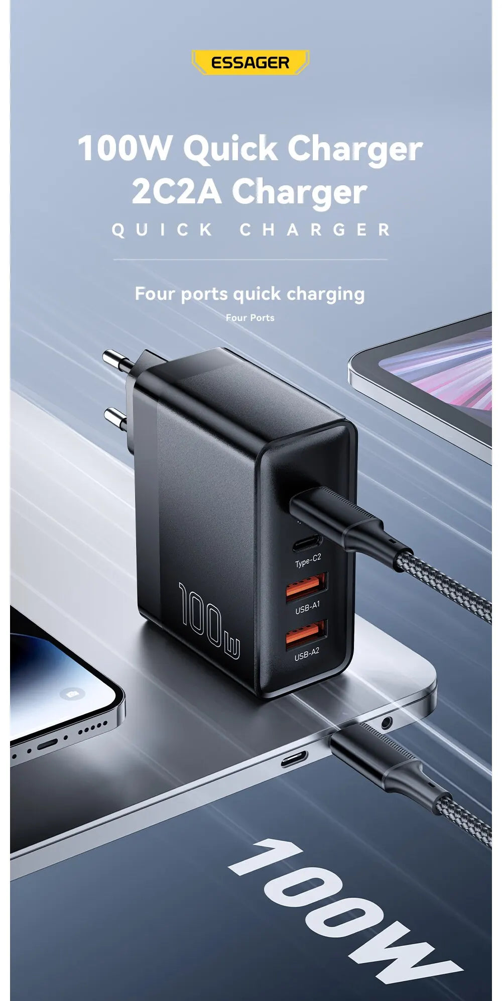 100W GaN USB-C Charger – PD & QC Fast Charging Adapter