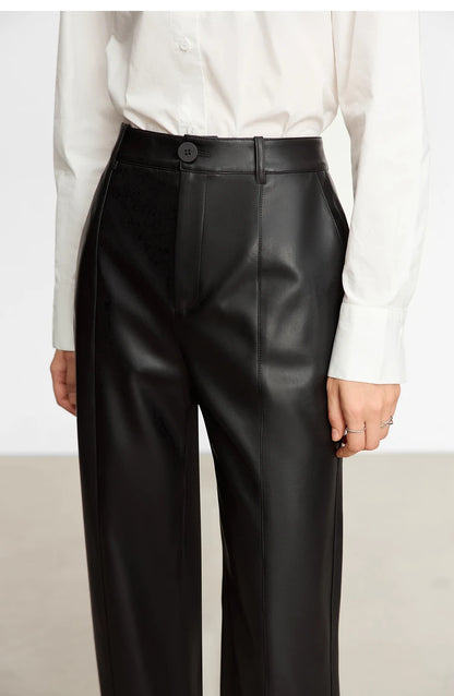 Women’s PU Leather Casual Pants – Loose Straight Floor-Length Trousers