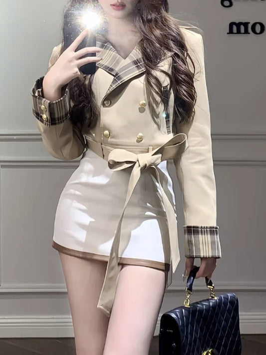 Women’s Winter 2-Piece Set – Belted Coat & White Mini Skirt Suit