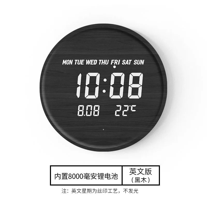 Round Wooden LED Digital Wall Clock – Silent & Modern Display