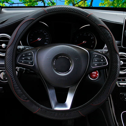 PU Carbon Fiber Leather Steering Wheel Cover 14.5–15 Inch Car Accessory