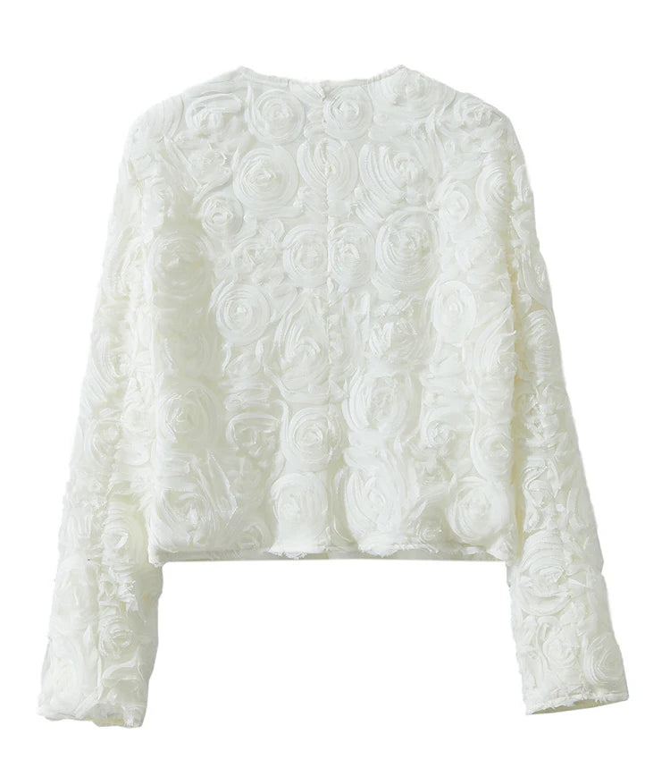 Women’s Elegant Short Jacket – Romantic Flower O-Neck Hook Button Coat