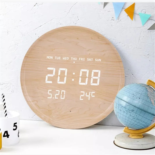 Round Wooden LED Digital Wall Clock – Silent & Modern Display