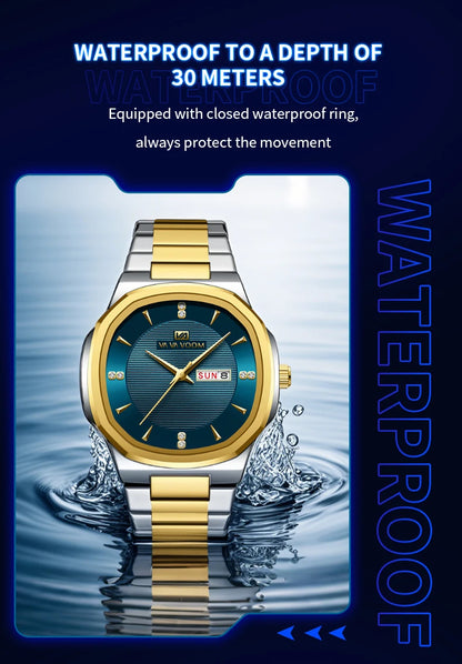 Luxury Diamond Men’s Watch – Stainless Steel Dual Date & Week Display
