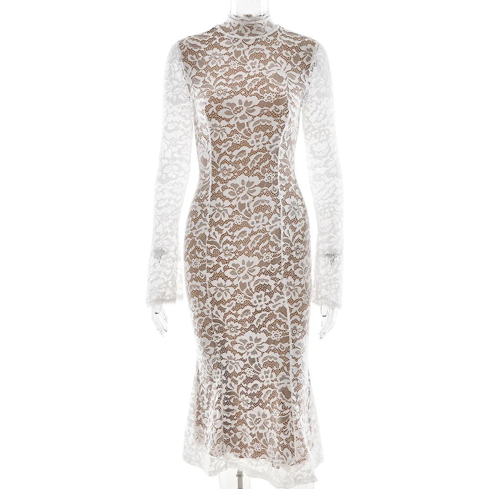 Women’s Elegant Lace Bodycon Dress – Long Sleeve Fishtail Evening Dress