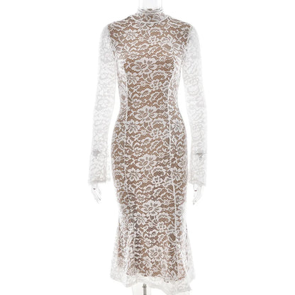 Women’s Elegant Lace Bodycon Dress – Long Sleeve Fishtail Evening Dress
