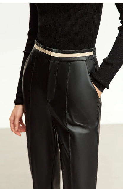 Women’s PU Leather Casual Pants – Loose Straight Floor-Length Trousers