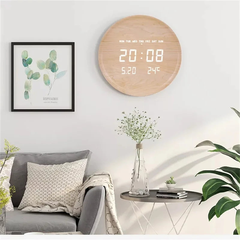Round Wooden LED Digital Wall Clock – Silent & Modern Display
