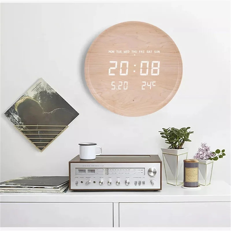 Round Wooden LED Digital Wall Clock – Silent & Modern Display