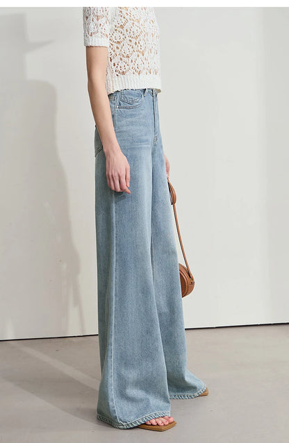 Women’s Blue Wide Leg Denim Jeans – Low Waist Loose Casual Trousers
