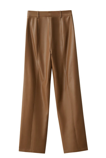 Women’s PU Leather Casual Pants – Loose Straight Floor-Length Trousers