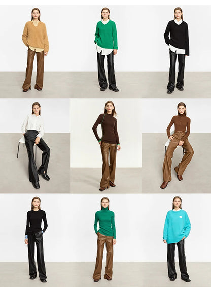 Women’s PU Leather Casual Pants – Loose Straight Floor-Length Trousers