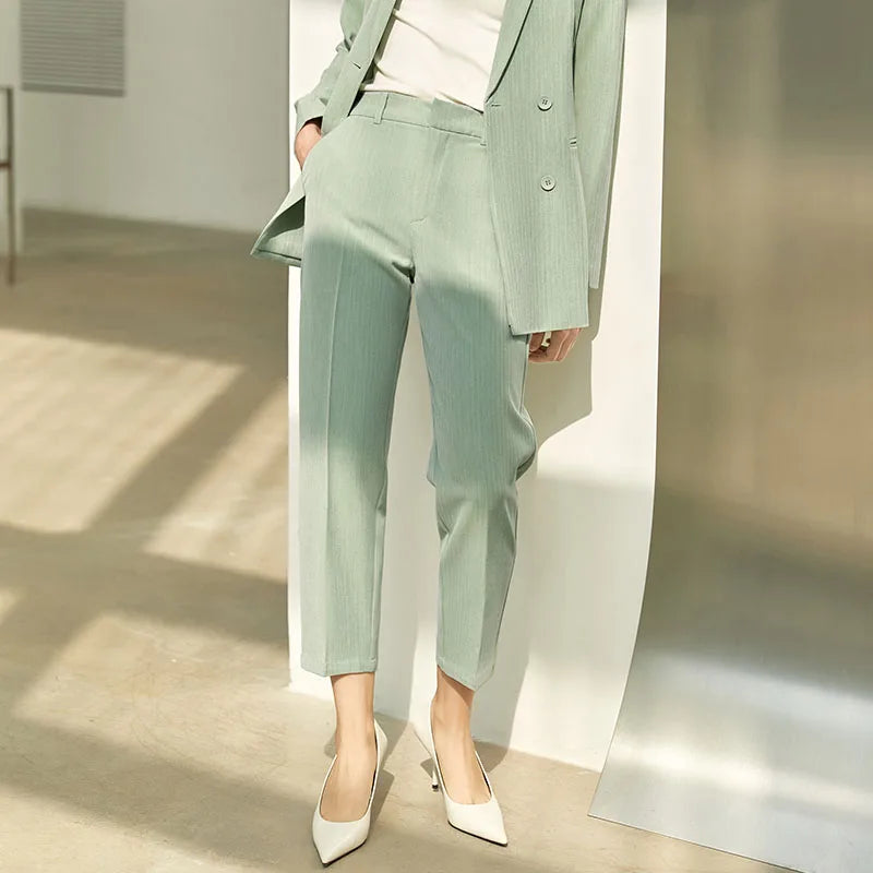 Women’s Office Blazer Set – Lace V-Neck Top & High Waist Pants