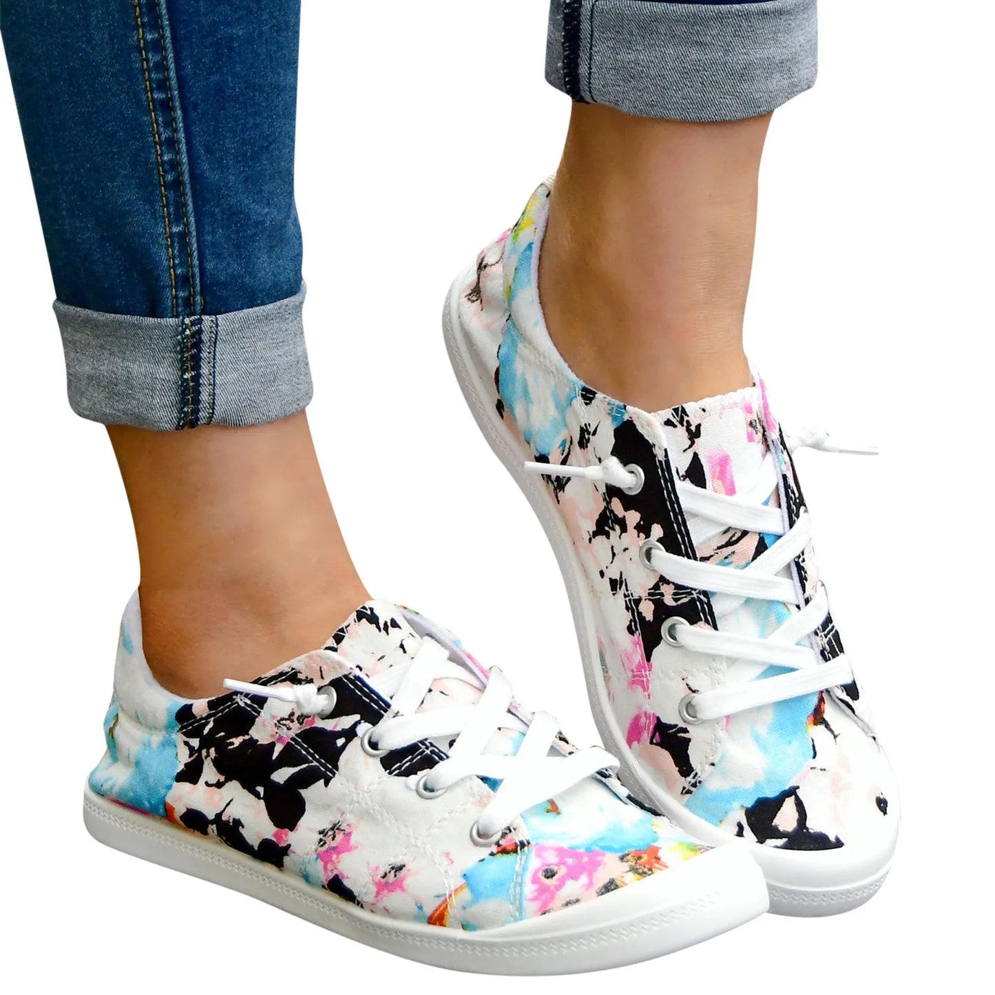 Women’s Floral Lace-Up Sneakers – Lightweight Casual Flat Shoes