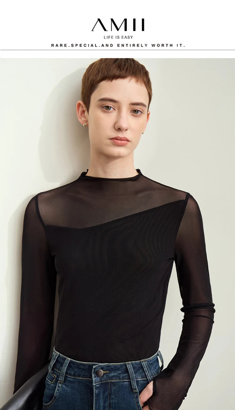 Women’s Mesh Half-High Neck Slim T-Shirt – Retro Office Spring Top