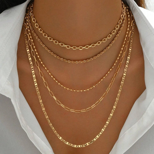 Layered Gold Tone Necklace Set – 5pcs Braided & Beaded Chains