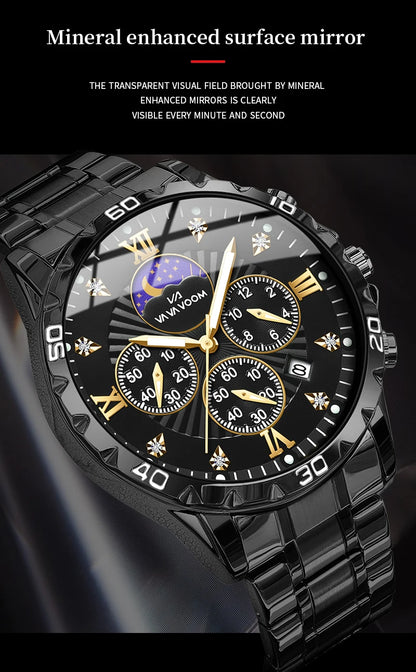 43mm Stainless Steel Men’s Quartz Watch – Diamond Night Glow