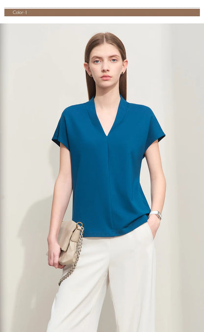 Women’s Classic V-Neck Short Sleeve T-Shirt – Casual Solid Stretch Top