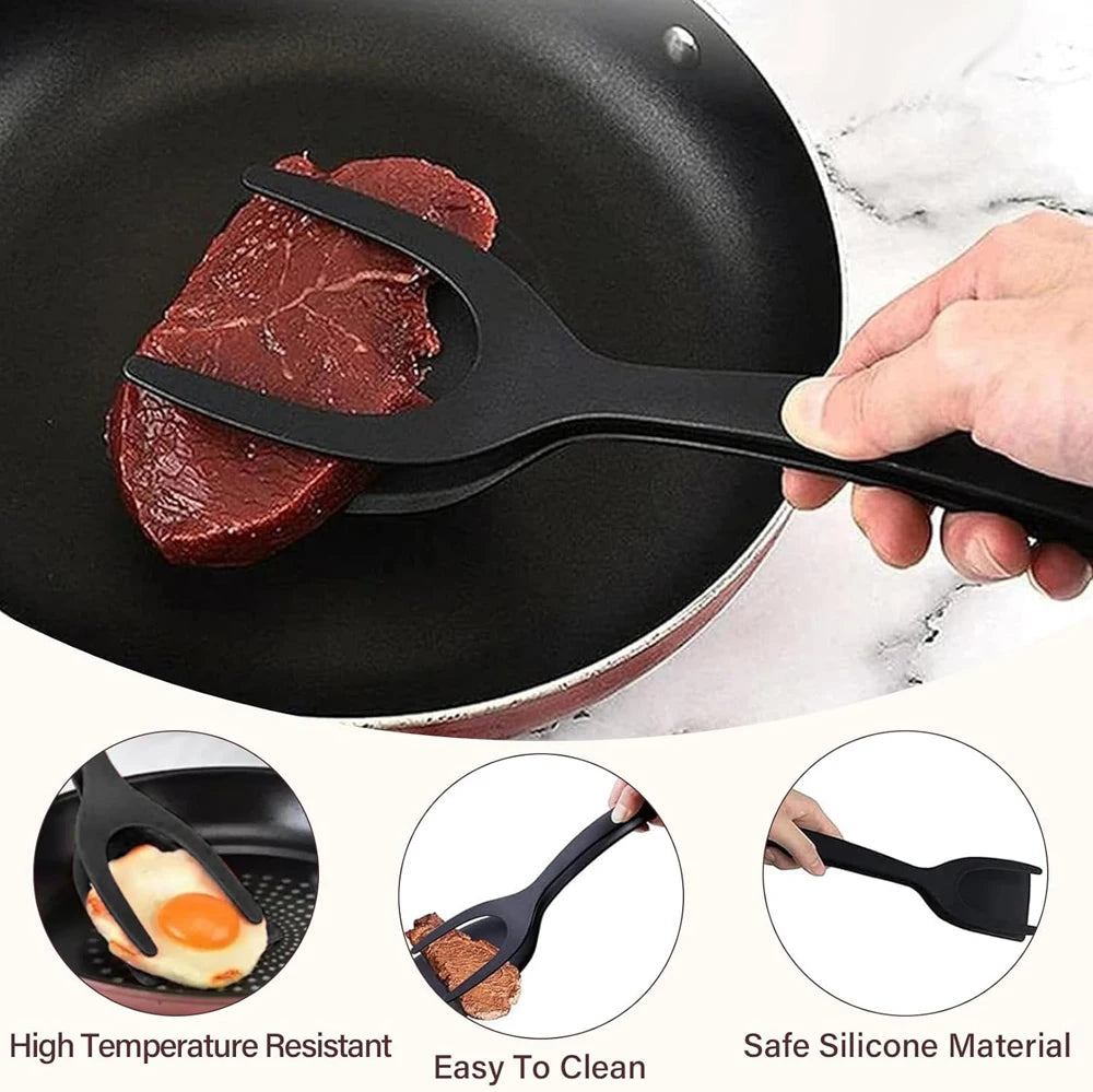 2-in-1 Grip Flip Spatula Tongs - Nylon Non-Stick Egg Flipper for Pancakes, Fish