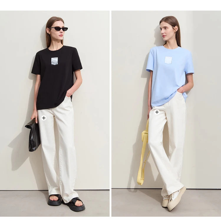 Women’s Casual Embroidered Cotton T-Shirt – Spring Short Sleeve Top