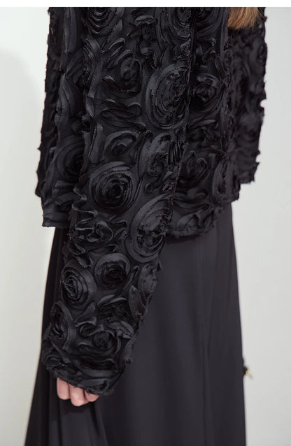 Women’s Elegant Short Jacket – Romantic Flower O-Neck Hook Button Coat