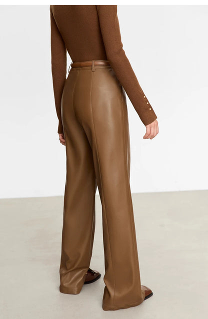 Women’s PU Leather Casual Pants – Loose Straight Floor-Length Trousers