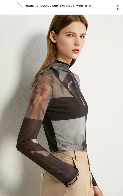 Women’s Long Sleeve Mesh Print T-Shirt – Slim Trendy Spring Top