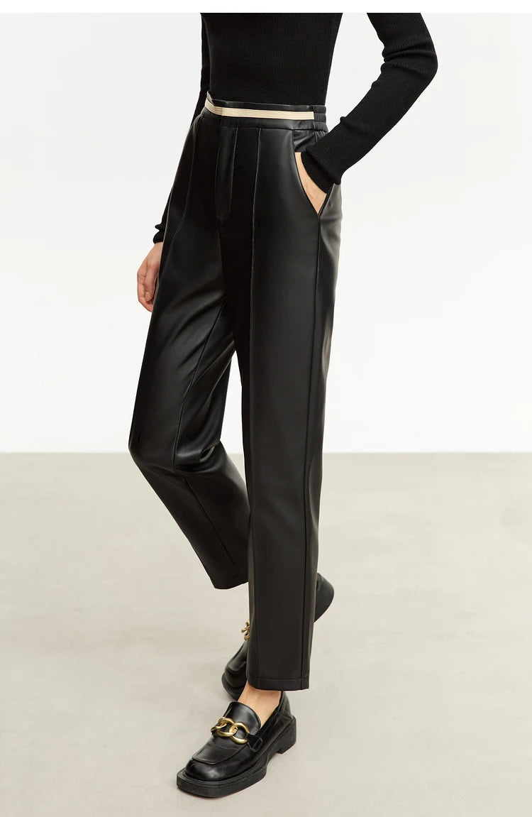 Women’s PU Leather Casual Pants – Loose Straight Floor-Length Trousers