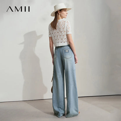 Women’s Blue Wide Leg Denim Jeans – Low Waist Loose Casual Trousers