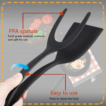 2-in-1 Grip Flip Spatula Tongs - Nylon Non-Stick Egg Flipper for Pancakes, Fish