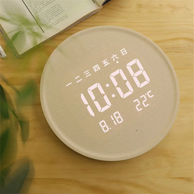 Round Wooden LED Digital Wall Clock – Silent & Modern Display