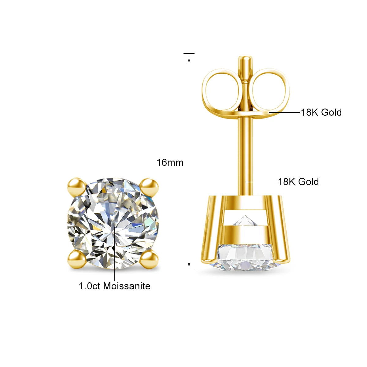 18K Real Gold Earrings with Moissanite Diamonds – Luxurious Gift