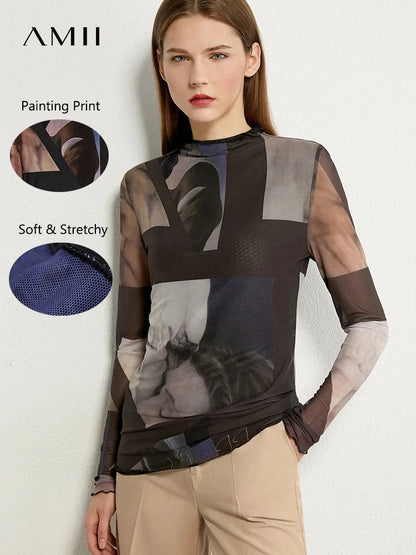 Women’s Long Sleeve Mesh Print T-Shirt – Slim Trendy Spring Top