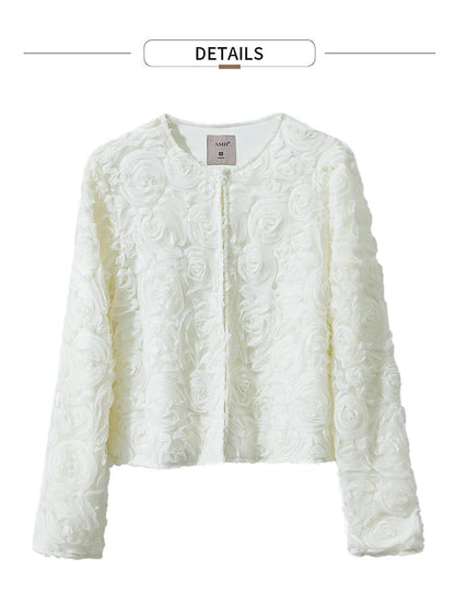 Women’s Elegant Short Jacket – Romantic Flower O-Neck Hook Button Coat