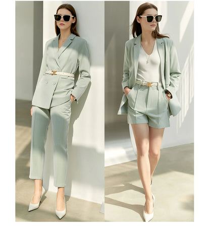 Women’s Office Blazer Set – Lace V-Neck Top & High Waist Pants