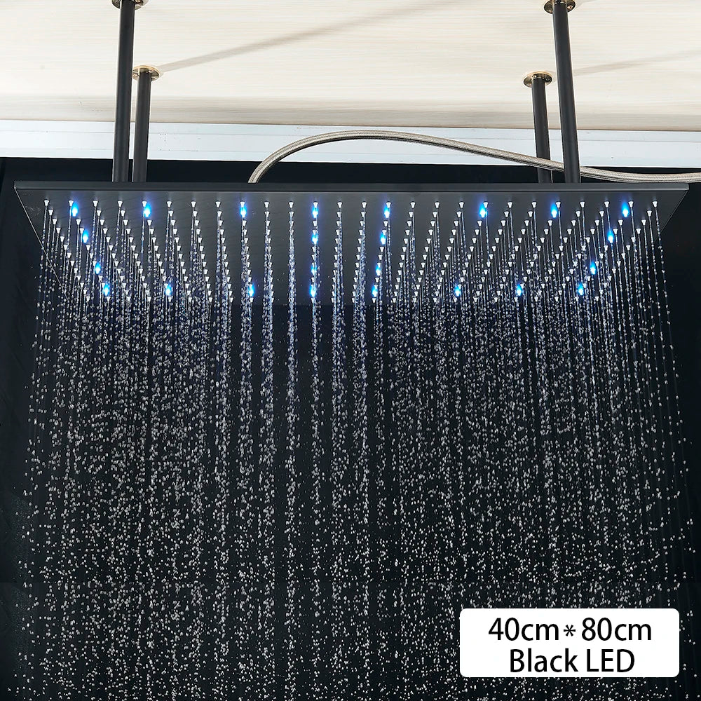Black LED Rainfall Shower Head | Remote Control Ceiling Waterfall Tap