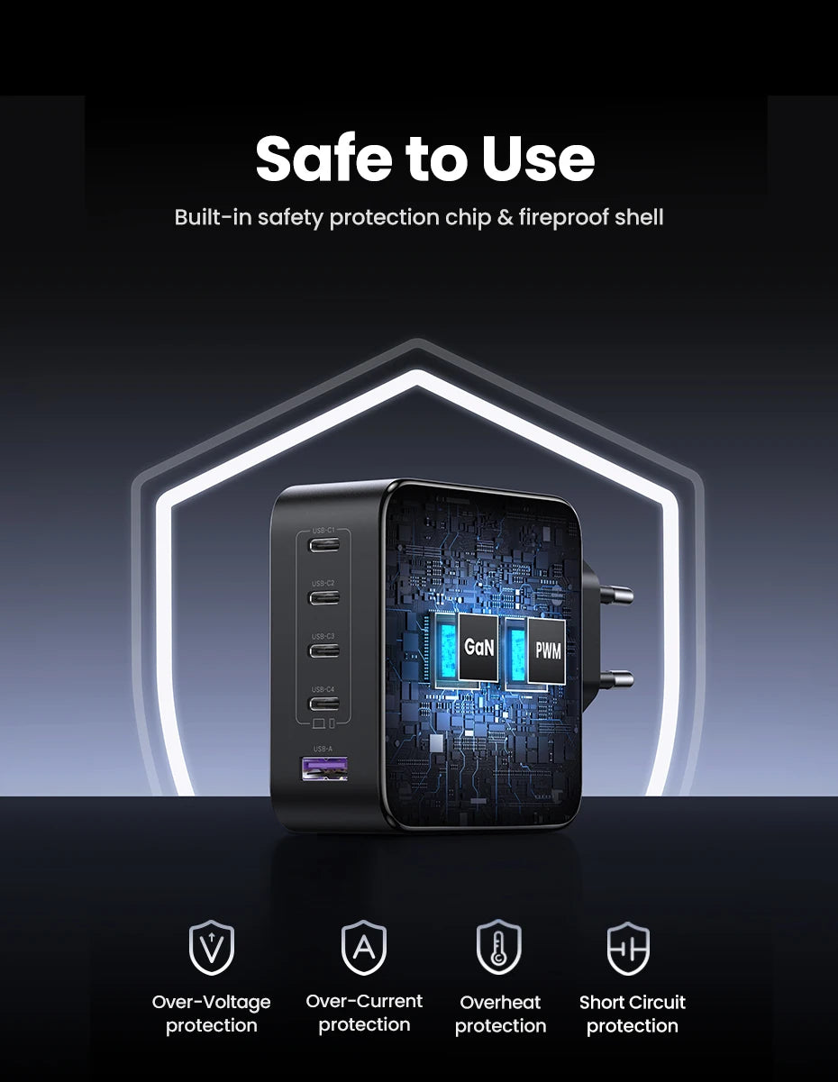 100W GaN Fast Charger – 5-Port USB-C PD QC4.0 Charger Hub