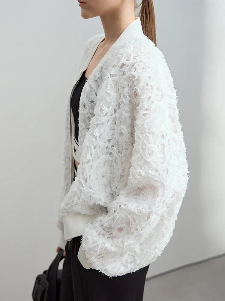 Women’s V-Neck Zipper Jacket – Hollow Flower Loose Casual Top