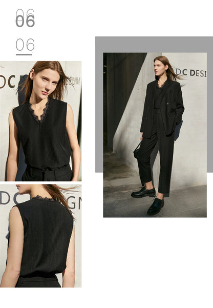 Women’s Office Blazer Set – Lace V-Neck Top & High Waist Pants