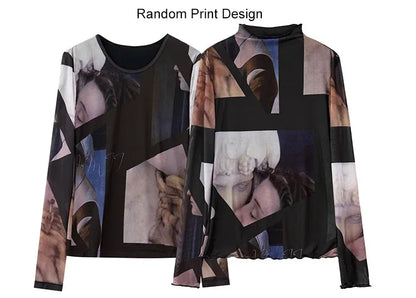 Women’s Long Sleeve Mesh Print T-Shirt – Slim Trendy Spring Top
