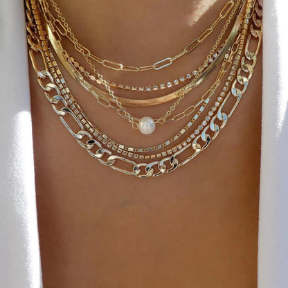 Layered Gold Tone Necklace Set – 5pcs Braided & Beaded Chains