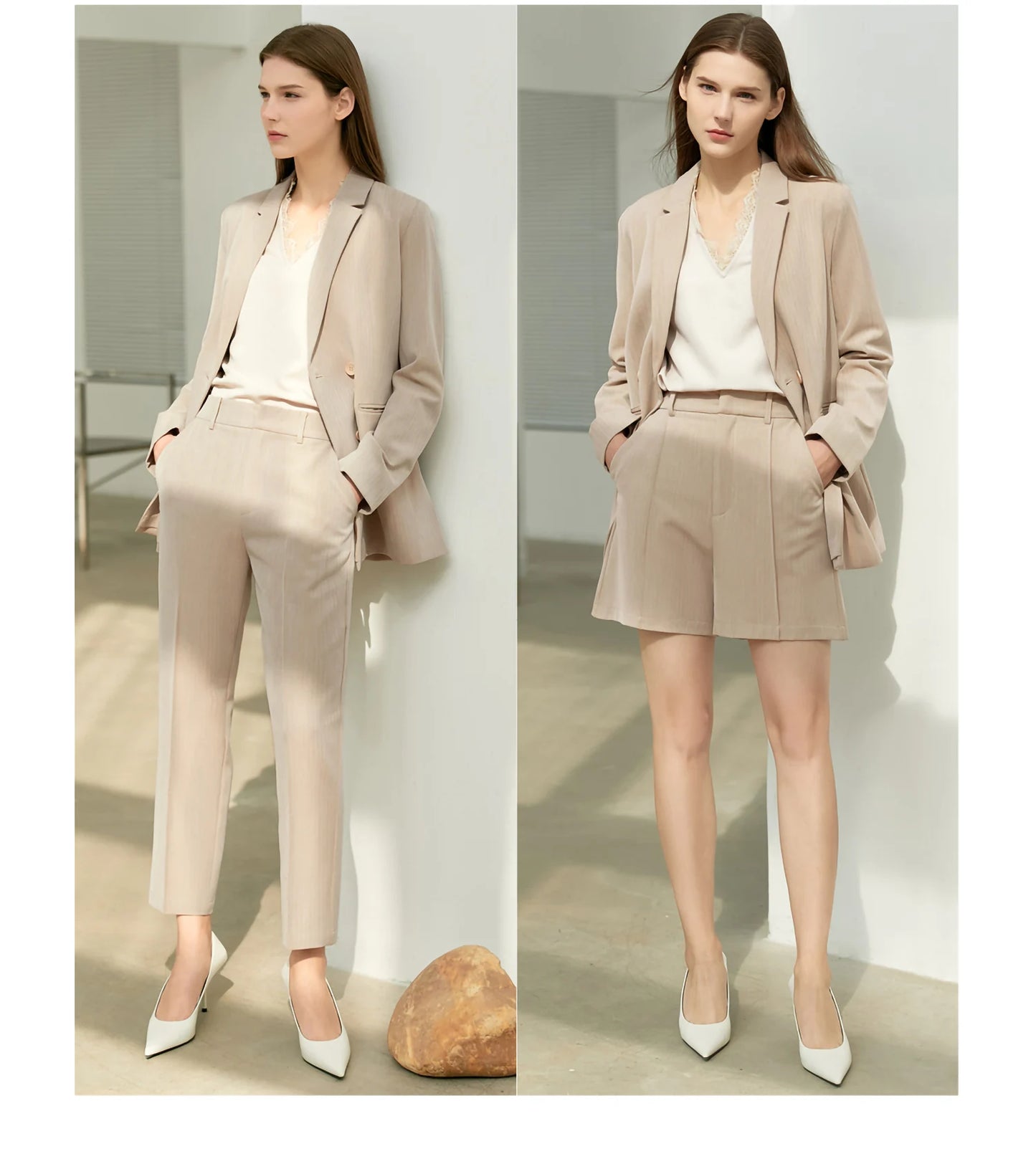 Women’s Office Blazer Set – Lace V-Neck Top & High Waist Pants