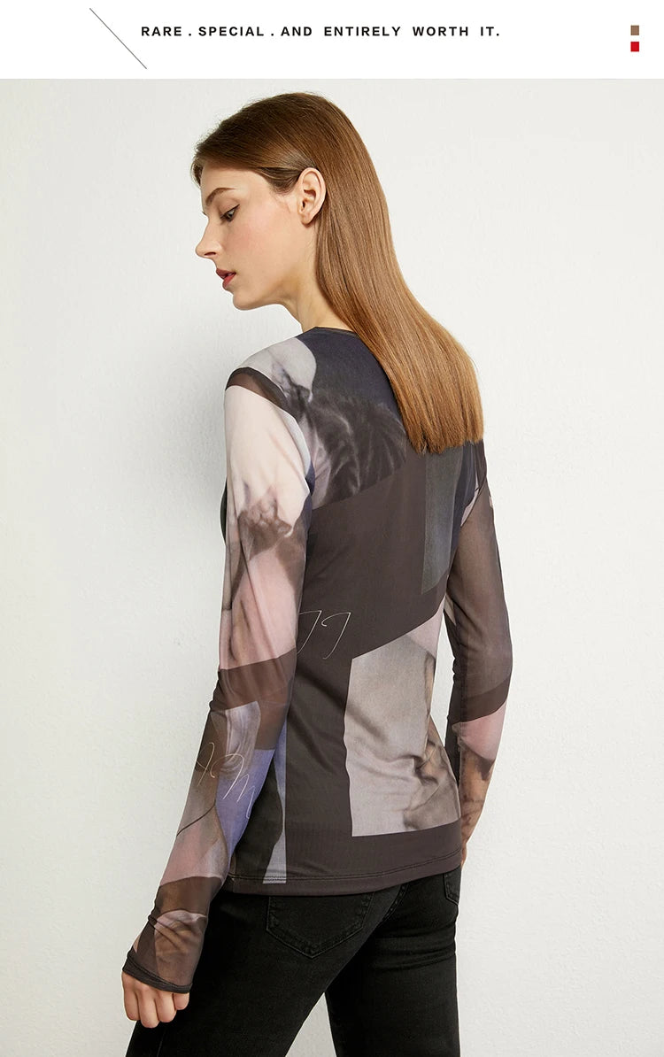 Women’s Long Sleeve Mesh Print T-Shirt – Slim Trendy Spring Top
