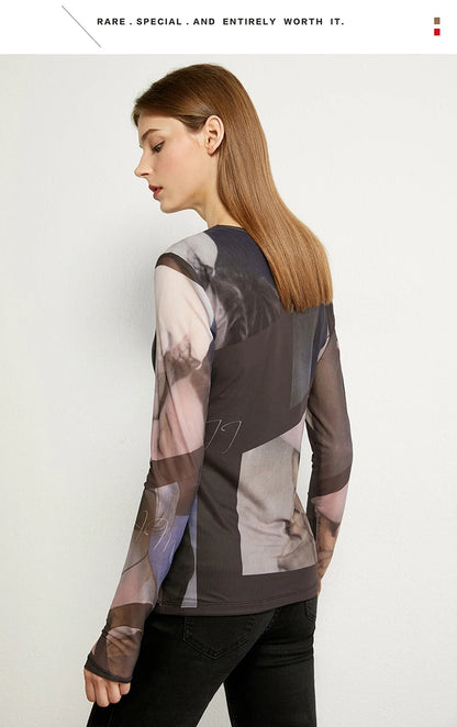 Women’s Long Sleeve Mesh Print T-Shirt – Slim Trendy Spring Top