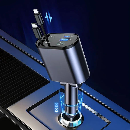 شاحن سيارة قابل للسحب 4 في 1 بقوة 100 واط - USB-C وكابل شحن سريع