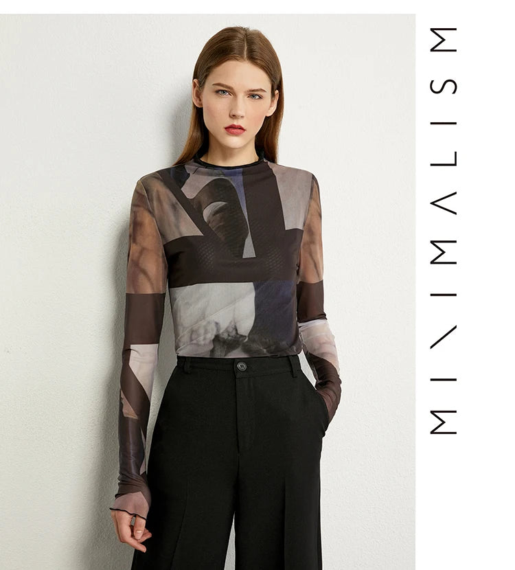 Women’s Long Sleeve Mesh Print T-Shirt – Slim Trendy Spring Top